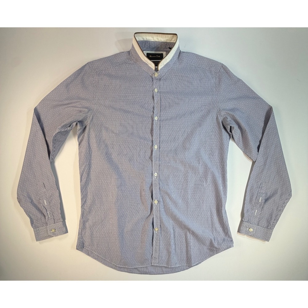 Massimo Dutti Mens Blue White Striped Mandarin Collar Italian Fabric Shirt L